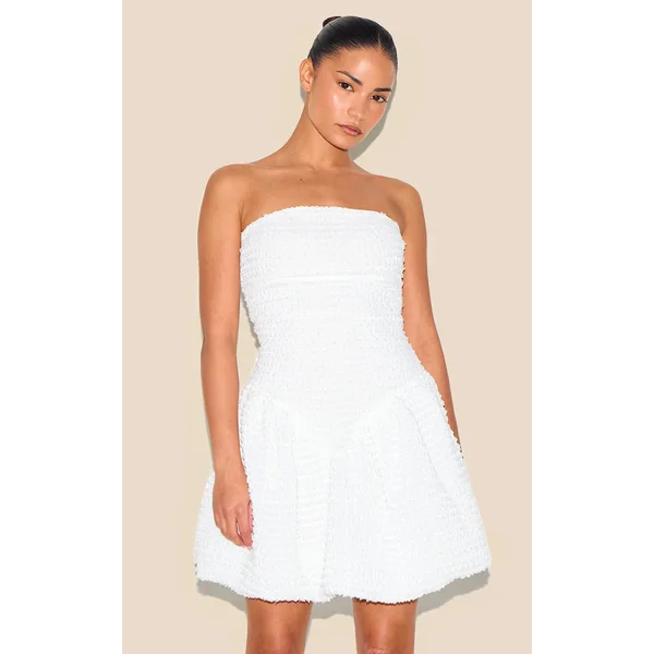 Petite White Jacquard Bandeau Puffball Dress