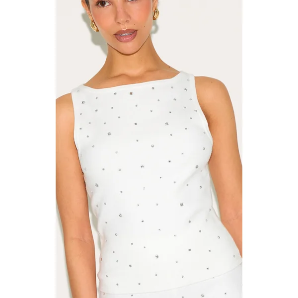 Petite White Knitted Diamante Boatneck Long Top