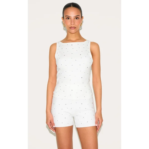 Petite White Knitted Diamante Hotpants