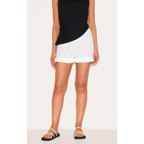 Petite White Knitted Frill Mini Shorts