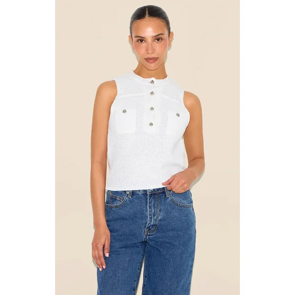 Petite White Knitted Long Top With Button Details