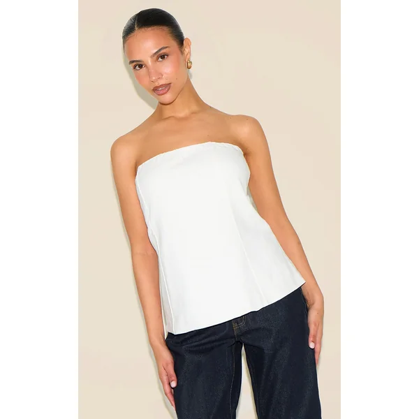 Petite White Lightweight Linen Look Woven Bandeau Long Line Top