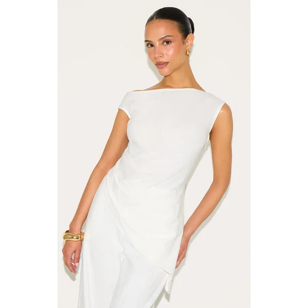 Petite White Lightweight Linen Look Woven One Shoulder Asymmetric Top
