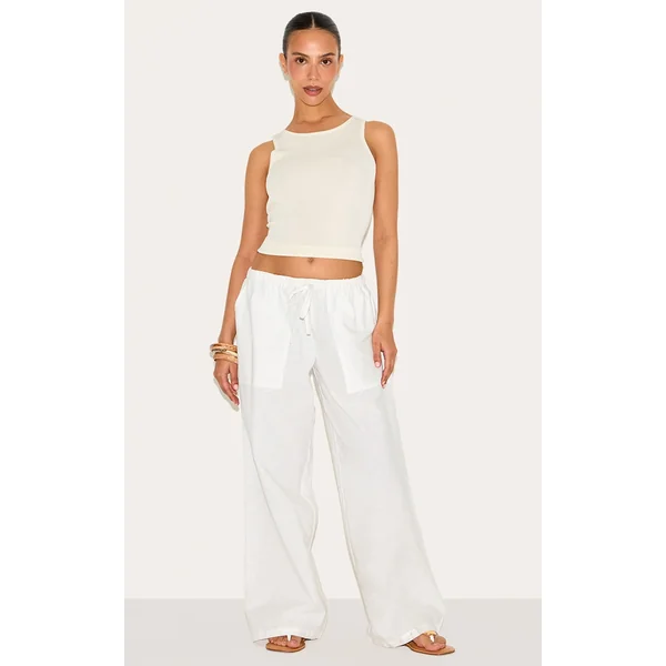 Petite White Linen Drawstring Waist Pants