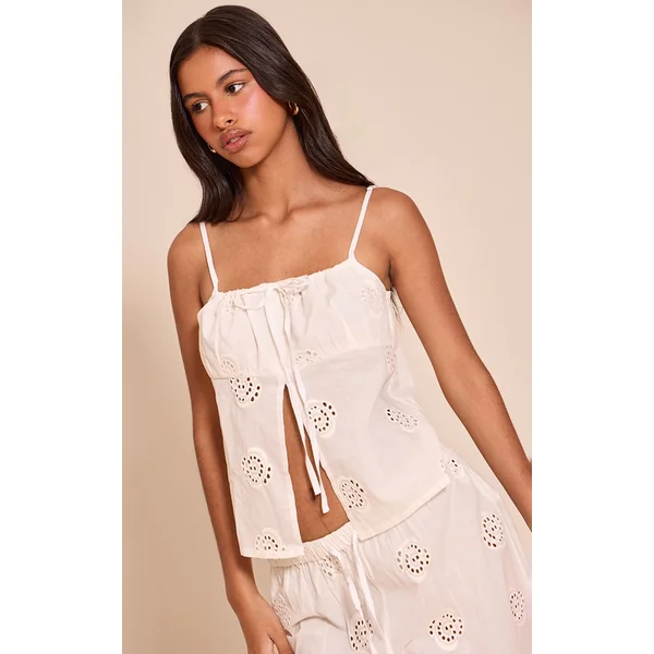 Petite White Linen Look Broderie Swirl Detail Floaty Top