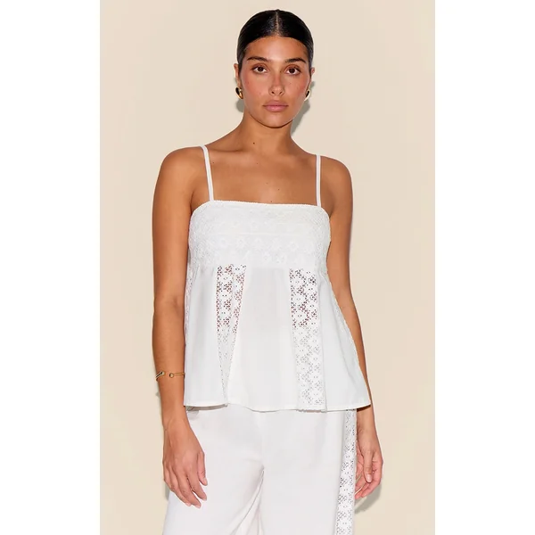 Petite White Linen Look Crochet Side Detail Top