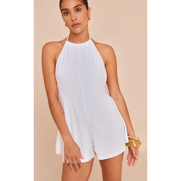 Petite White Linen Look Halterneck Floaty Romper