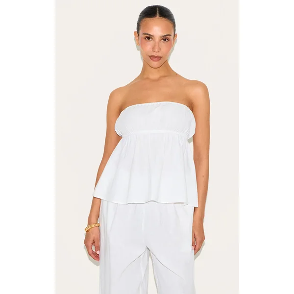 Petite White Linen Look Peplum Bandeau Top