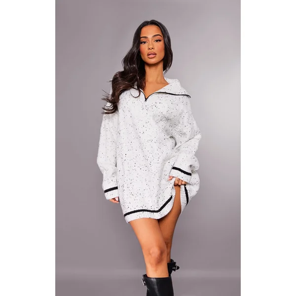 Petite White Marl Knitted Oversized Sweater Dress