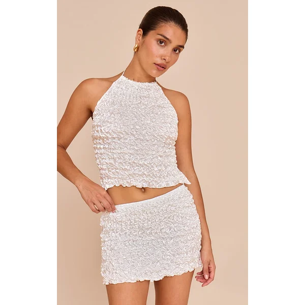 Petite White Open Back Textured Shirred Top