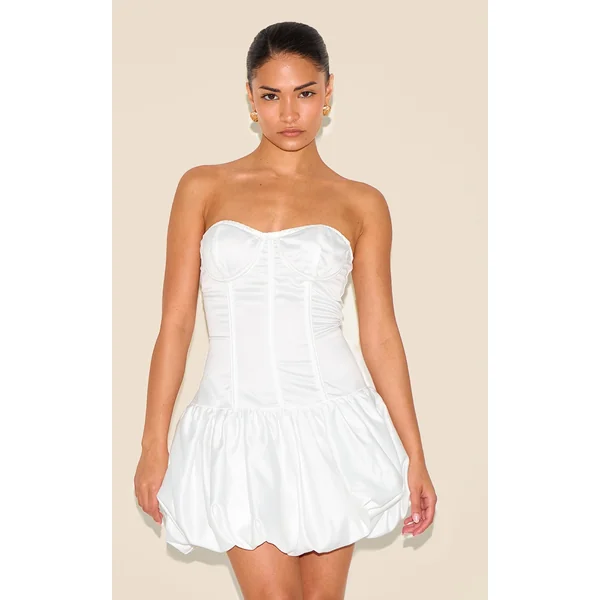 Petite White Satin Corset Puffball Dress