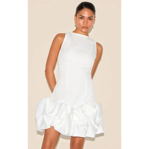 Petite White Satin Puffball Mini Dress