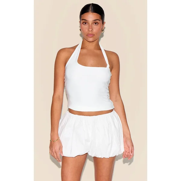 Petite White Slinky Halterneck Knot Detail Top