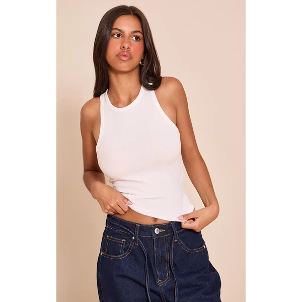 Petite White Soft Rib Racer Neck Vest Top