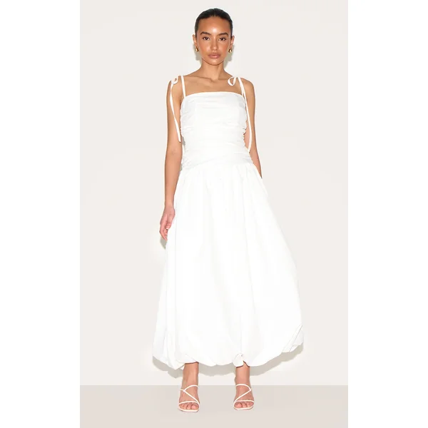 Petite White Spaghetti Strap Puff Midi Dress
