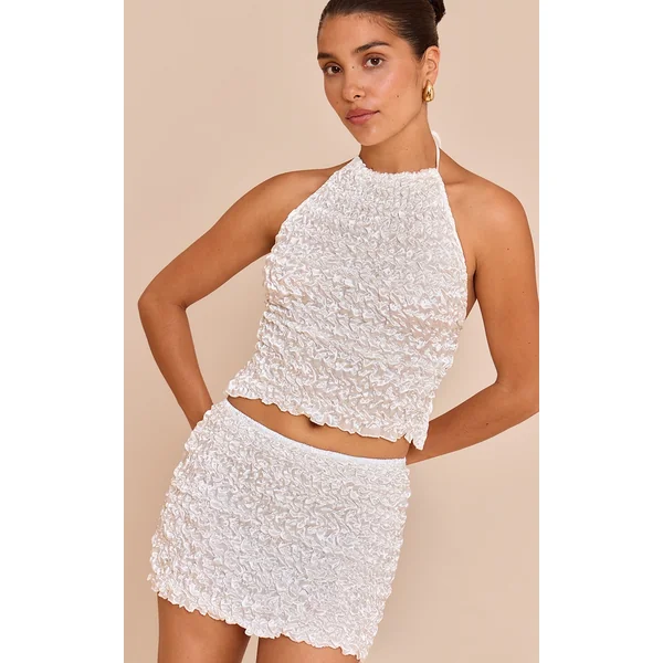 Petite White Textured Shirred Mini Skirt