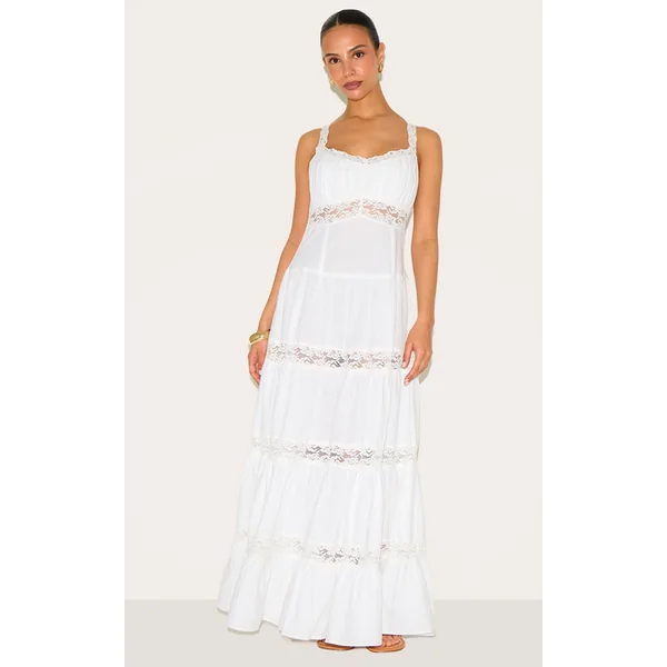 Petite White Tiered Maxi Dress With Lace Details