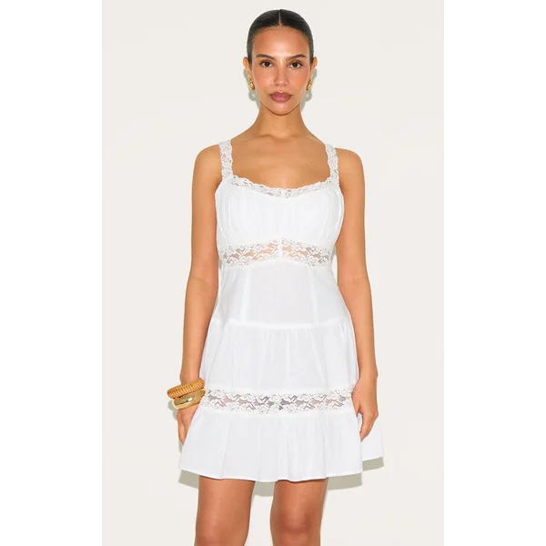 Petite White Tiered Mini Dress With Lace Details