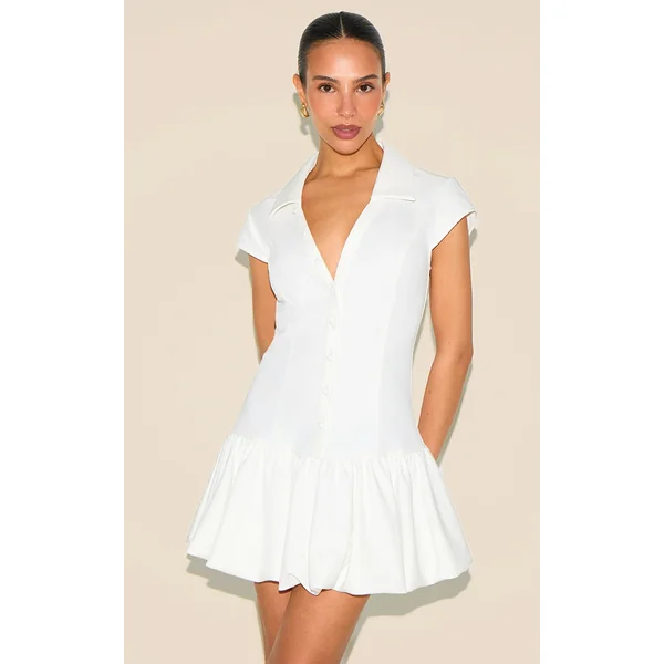 Petite White V-neck Fitted Pleated Mini Dress
