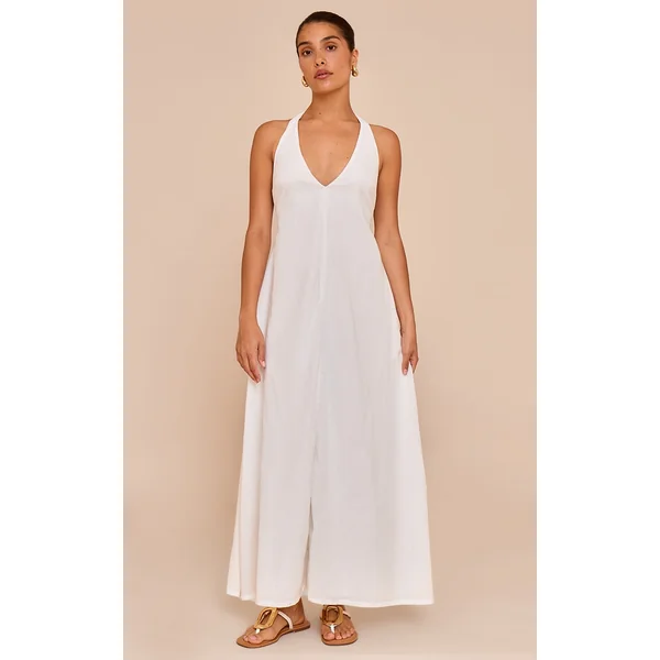 Petite White Woven Halterneck Extreme Flowy Maxi Dress