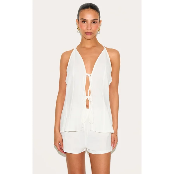 Petite White Woven Halterneck Tie Front Top