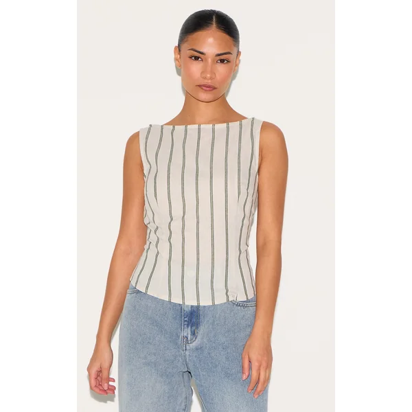 Petite White Woven Pinstripe Boatneck Top
