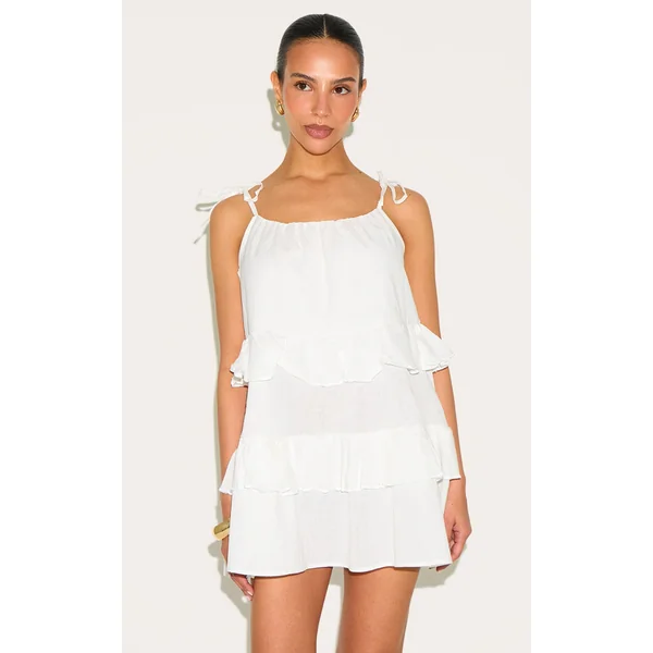 Petite White Woven Ruffle Tiered Mini Dress