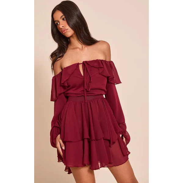 Petite Wine Chiffon Frill Detail Mini Dress