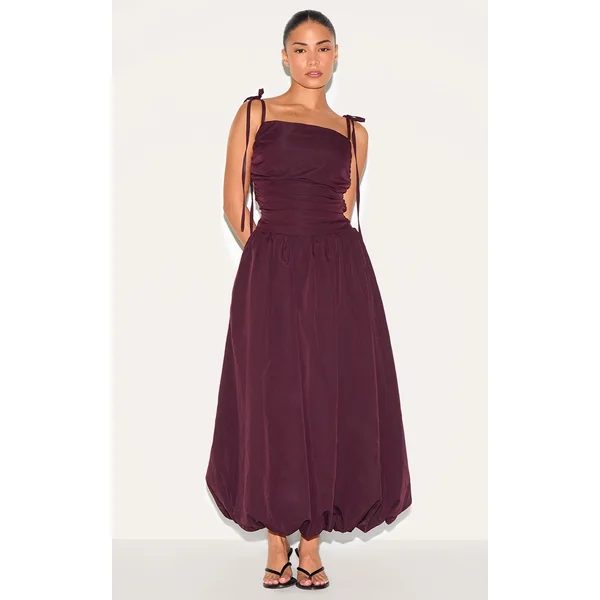 Petite Wine Spaghetti Strap Puff Midi Dress