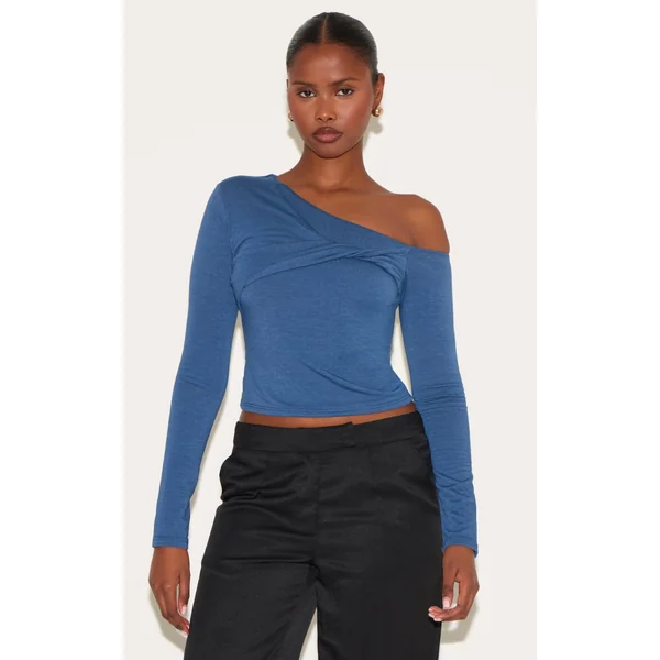 Petrol Blue Contour Jersey Asymmetric Twist Detail Long Sleeve Top