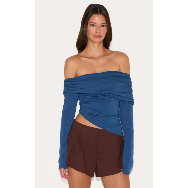 Petrol Blue Contour Jersey Fold Over Detail Bardot Long Sleeve Top