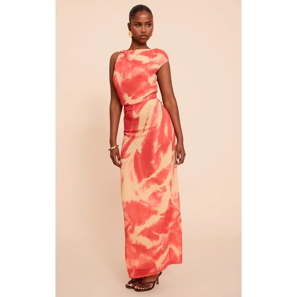 Pink Abstract Printed Chiffon Ruched Maxi Dress