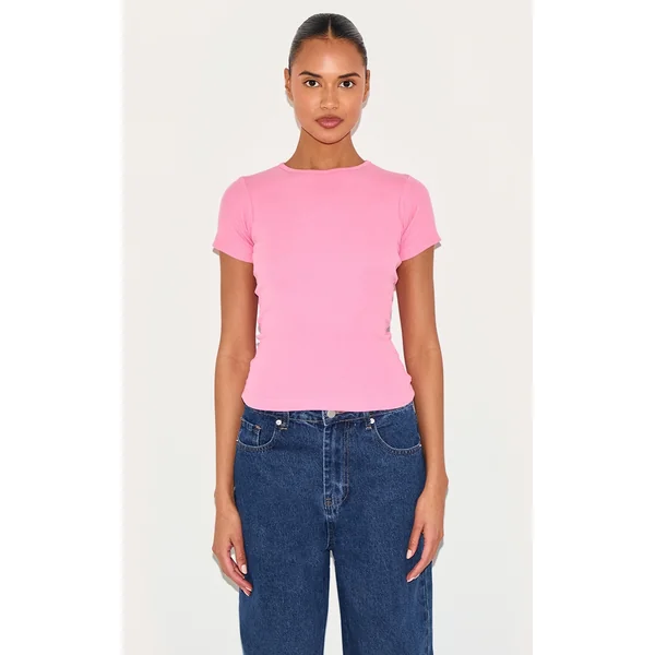 Pink Basic Rib Short Sleeve Top