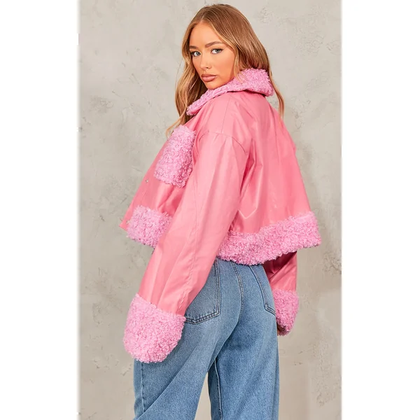 Pink Borg Pocket Front Faux Leather Cropped Coat
