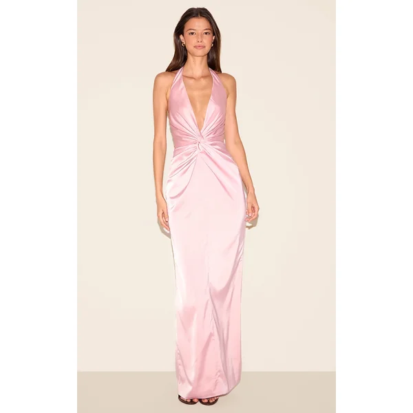 Pink Bridesmaid Satin Twist Detail Halterneck Maxi Dress