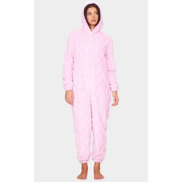 Pink Cable Fleece Hooded Onesie