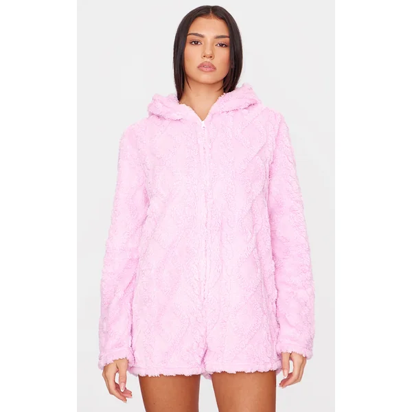 Pink Cable Fleece Hooded Romper