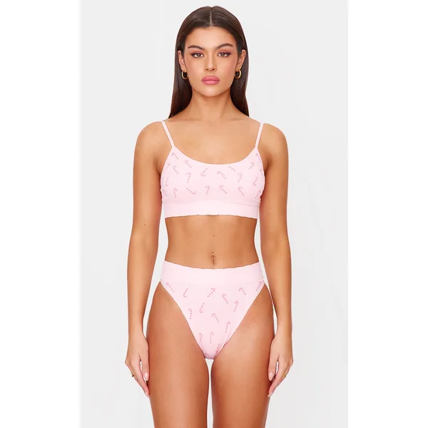 Pink Candy Cane Print Ribbed Scoop Neck Bralette