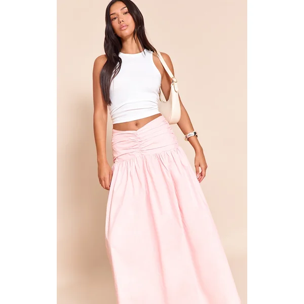 Pink Cotton Poplin Ruched Dropped Waist Maxi Skirt