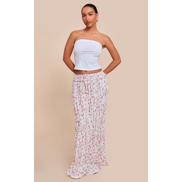 Pink Ditsy Floral Print Tiered Maxi Skirt