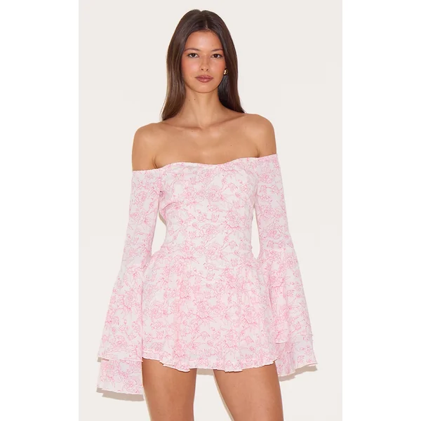 Pink Ditsy Print Bardot Flare Sleeve Romper