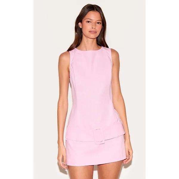 Pink Drop Waist Belt Detail A Line Skort Romper