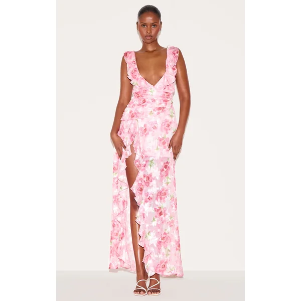 Pink Floral Chiffon Frill Plunge Strappy Maxi Dress