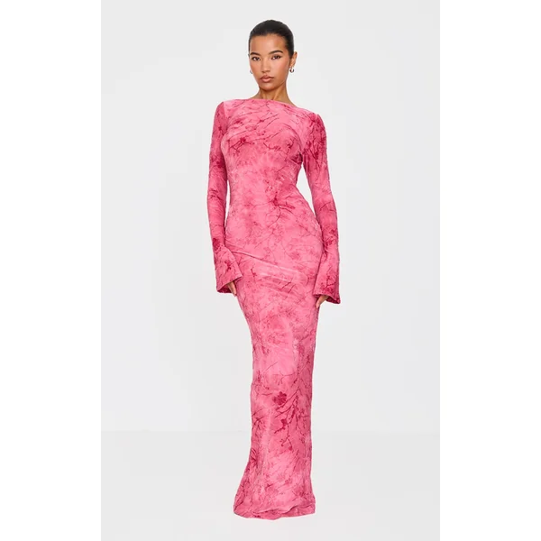 Pink Floral Devore Long Sleeve Maxi Dress