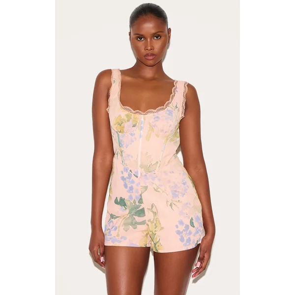 Pink Floral Printed Chiffon Corset Detail Romper