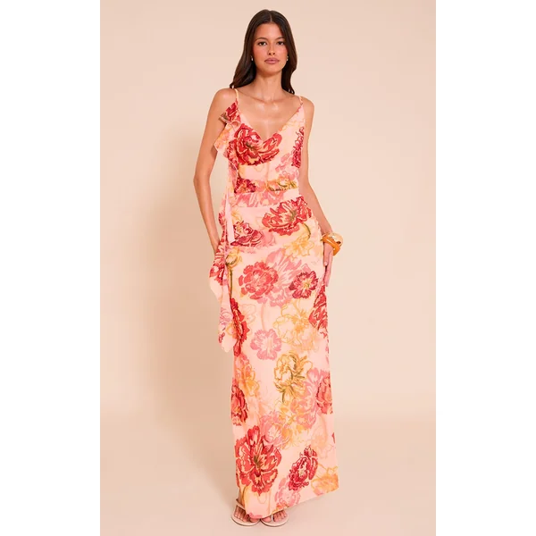 Pink Floral Printed Chiffon Strappy Frill Detail Maxi Dress