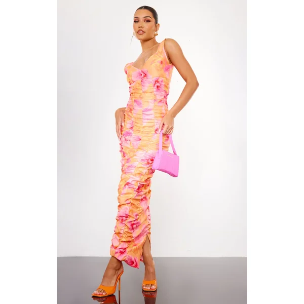 Pink Floral Printed Extreme Ruched Midaxi Dress