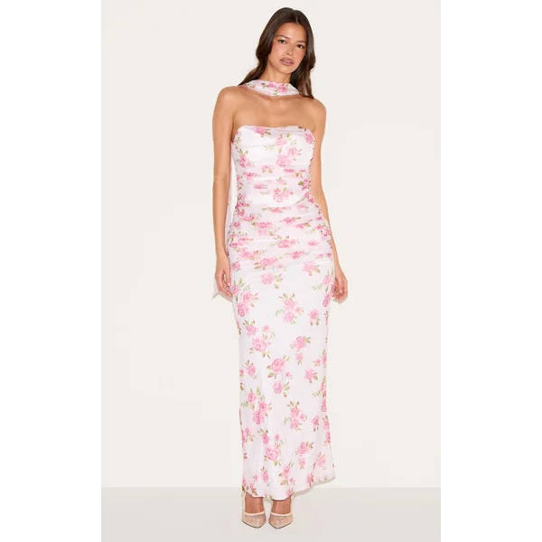Pink Floral Scarf Detail Ruched Maxi Dress