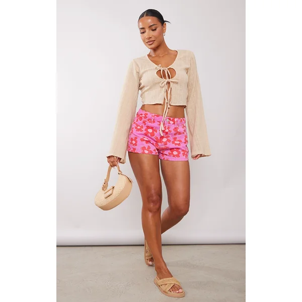 Pink Flower Print Denim Shorts