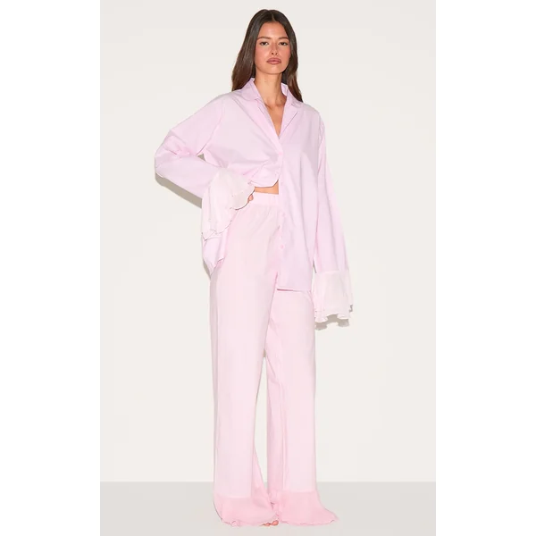 Pink Frill Hem Cotton Long Pj Set